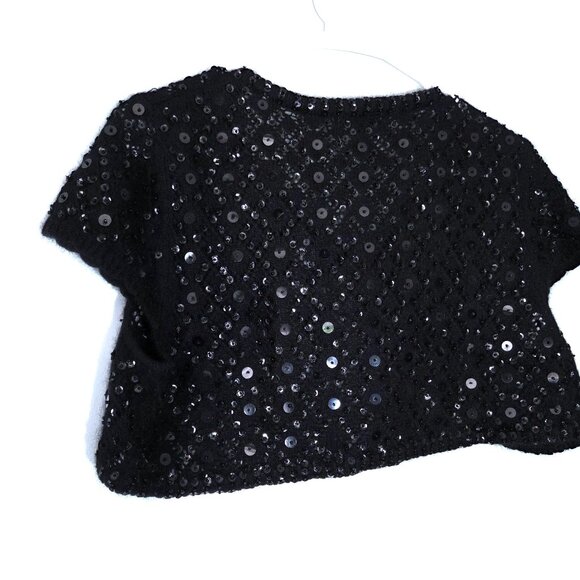 E by Eci Black Beaded Angora Blend Cropped Bolero Cardigan Sweater Size L - Picture 2 of 3